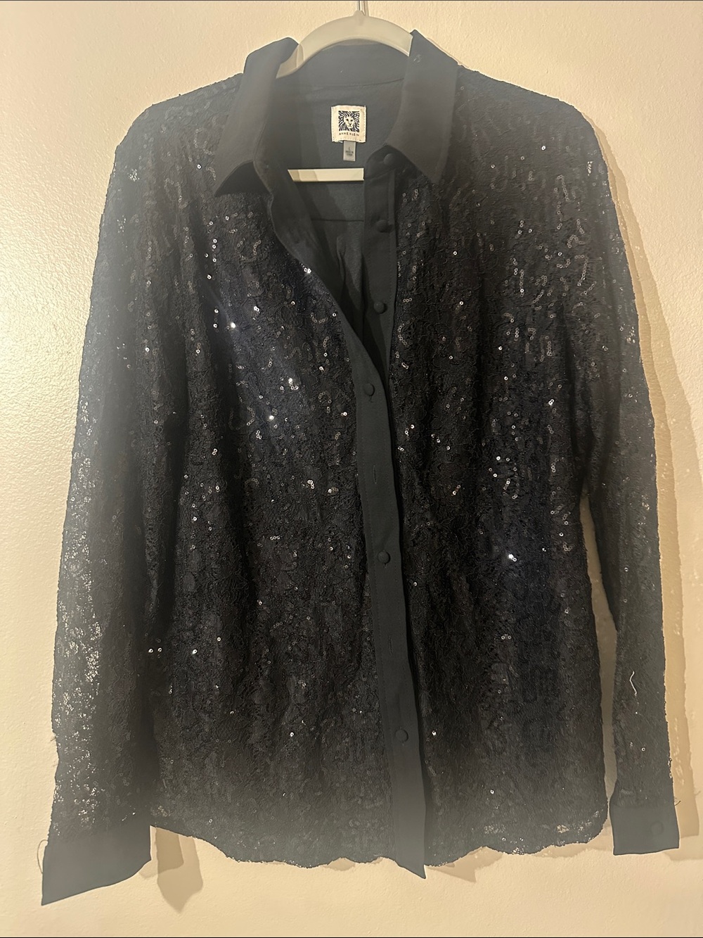 Anne Klein Black Sequin Blouse Long Sleeve Sz L